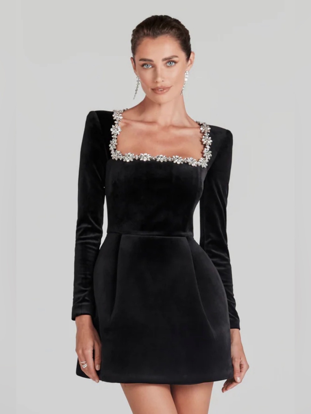NADINE MERABI Black Velvet Long Sleeve Mini Dress with Floral Jewel Trim